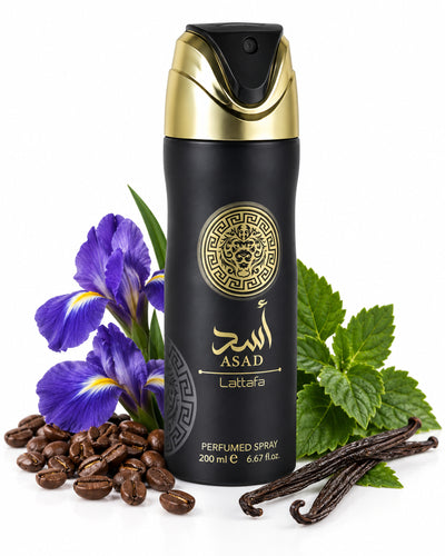 Asad Body Spray de Lattafa – frasco con sus notas: pachulí, café, iris