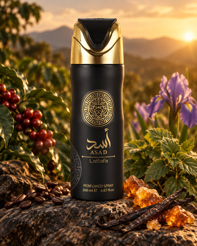 Asad Body Spray de Lattafa – paisaje inspirado en sus notas