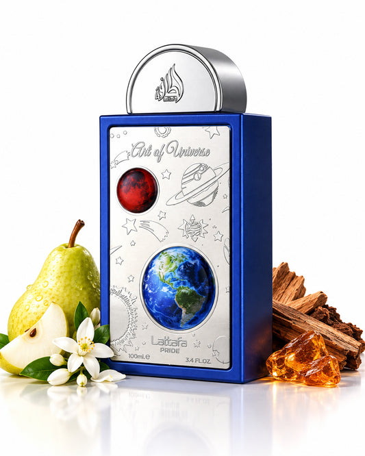 Art of Universe Eau de Parfum de Lattafa – frasco con sus notas: pera, azahar, almizcle