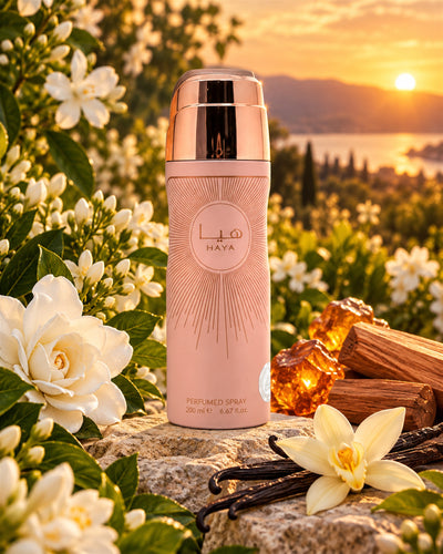 Haya Body Spray de Lattafa – paisaje inspirado en sus notas