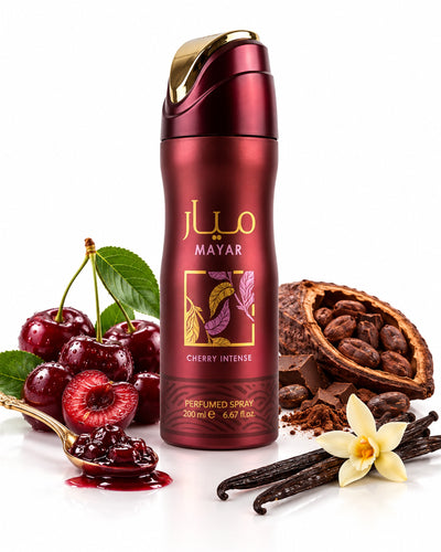 Mayar Cherry Intense Body Spray de Lattafa – frasco con sus notas: mermelada de cereza, cacao, vainilla
