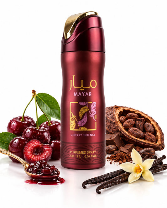 Mayar Cherry Intense Body Spray de Lattafa – frasco con sus notas: mermelada de cereza, cacao, vainilla