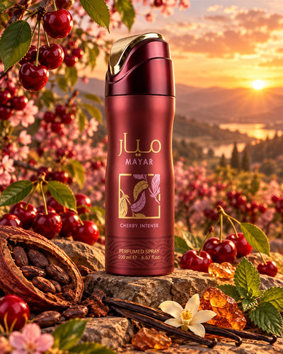 Mayar Cherry Intense Body Spray de Lattafa – paisaje inspirado en sus notas