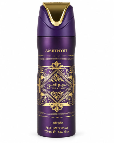 Badee Al Oud Amethyst Body Spray de Lattafa – frasco de frente