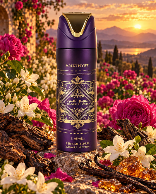 Badee Al Oud Amethyst Body Spray de Lattafa – paisaje inspirado en sus notas