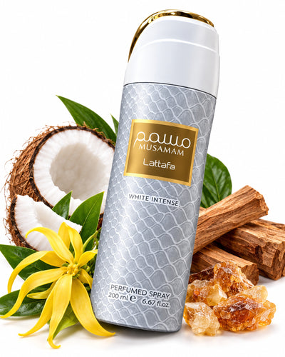 Musamam White Intense Body Spray de Lattafa – frasco con sus notas: coco, ylang-ylang, ambroxan