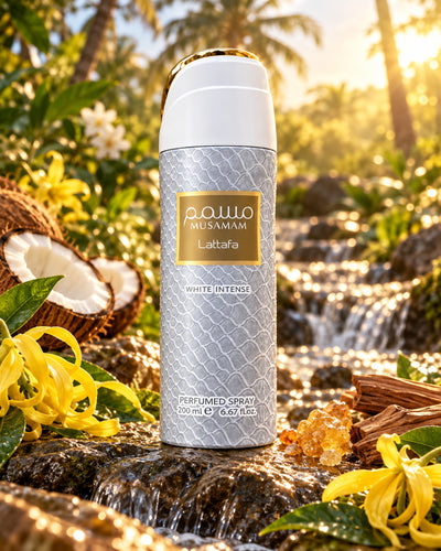Musamam White Intense Body Spray de Lattafa – paisaje inspirado en sus notas