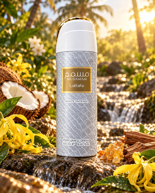 Musamam White Intense Body Spray de Lattafa – paisaje inspirado en sus notas