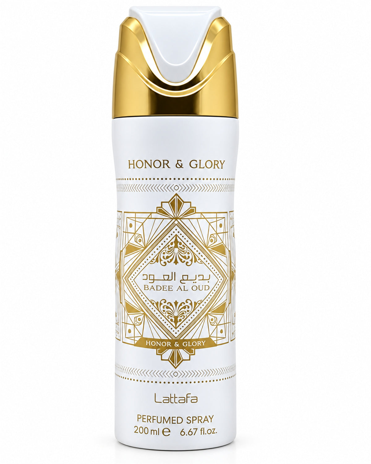Badee Al Oud Honor & Glory Body Spray de Lattafa – frasco de frente