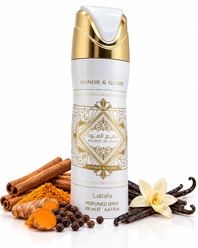 Badee Al Oud Honor & Glory Body Spray de Lattafa – frasco con sus notas: canela, cúrcuma, pimienta negra