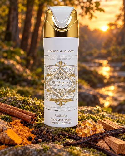 Badee Al Oud Honor & Glory Body Spray de Lattafa – paisaje inspirado en sus notas