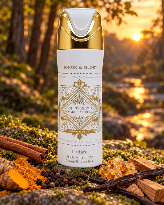 Badee Al Oud Honor & Glory Body Spray de Lattafa – paisaje inspirado en sus notas