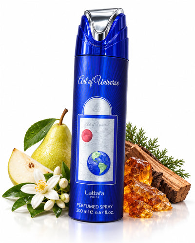 Art of Universe Body Spray de Lattafa – frasco con sus notas: pera, azahar, almizcle