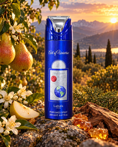 Art of Universe Body Spray de Lattafa – paisaje inspirado en sus notas