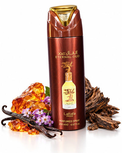 Eternal Oud Body Spray de Lattafa – frasco con sus notas: ámbar, vainilla, heliotropo