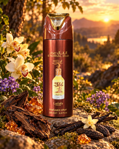 Eternal Oud Body Spray de Lattafa – paisaje inspirado en sus notas