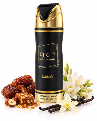 Khamrah Body Spray de Lattafa – frasco con sus notas: dátiles, praliné, nardo