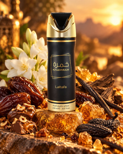 Khamrah Body Spray de Lattafa – paisaje inspirado en sus notas