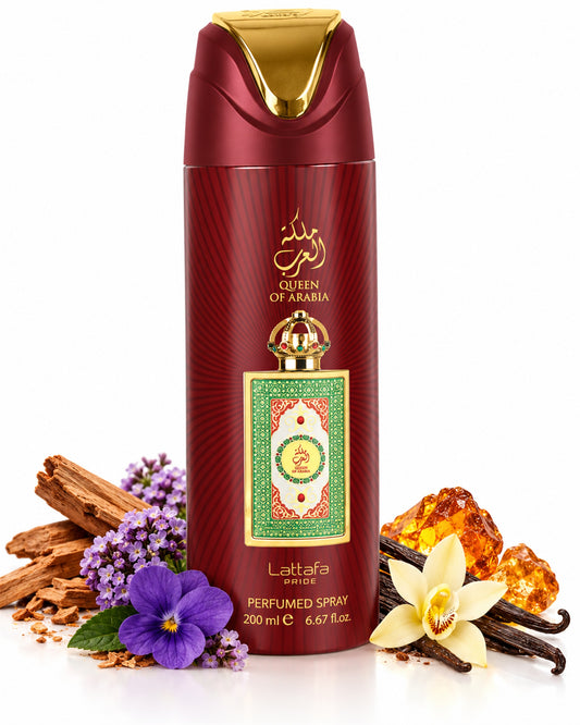 Queen of Arabia Body Spray de Lattafa – frasco con sus notas: sándalo, heliotropo, vainilla