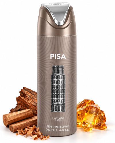 Pisa Body Spray de Lattafa – frasco con sus notas: cedro, sándalo, ámbar