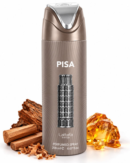 Pisa Body Spray de Lattafa – frasco con sus notas: cedro, sándalo, ámbar