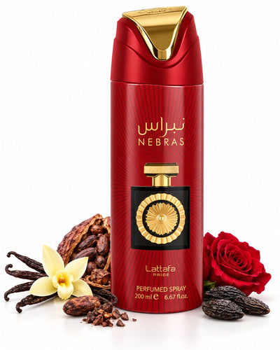 Nebras Body Spray de Lattafa – frasco con sus notas: vainilla, cacao, rosa