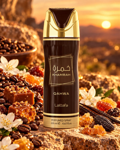 Khamrah Qahwa Body Spray de Lattafa – paisaje inspirado en sus notas