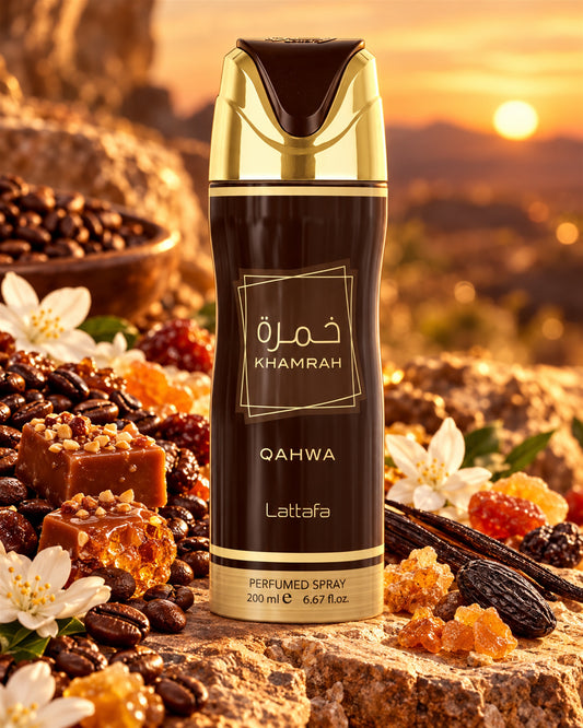 Khamrah Qahwa Body Spray de Lattafa – paisaje inspirado en sus notas