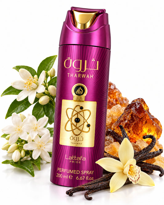 Tharwah Gold Body Spray de Lattafa – frasco con sus notas: azahar, jazmín egipcio, vainilla