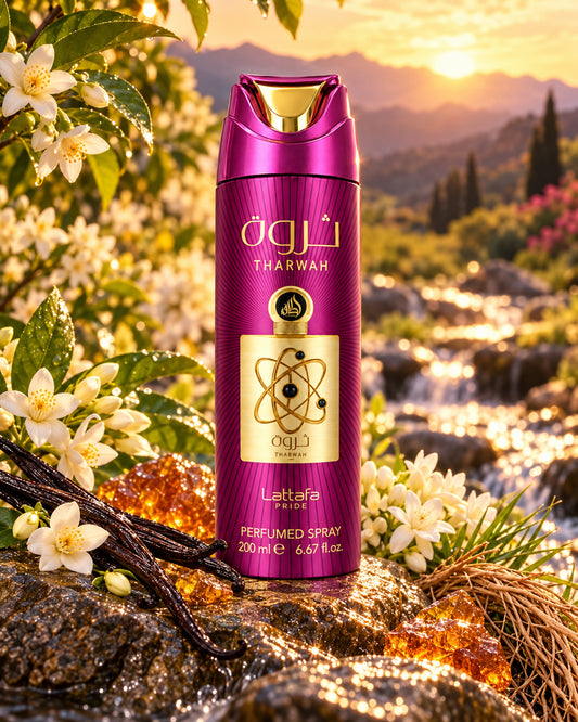 Tharwah Gold Body Spray de Lattafa – paisaje inspirado en sus notas