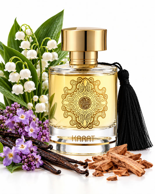 Karat Eau de Parfum de Maison Alhambra – frasco con sus notas: lirio de los valles, almizcle, vainilla
