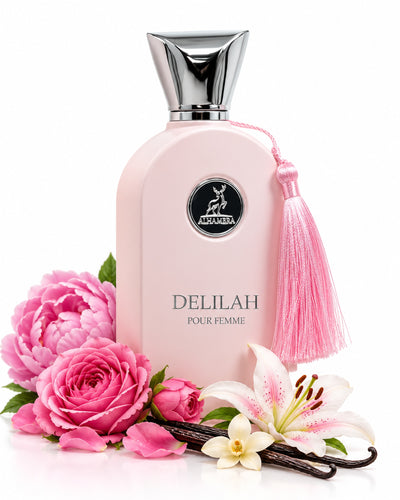 Delilah Eau de Parfum de Maison Alhambra – frasco con sus notas: rosa turca, peonía, lirio