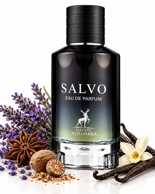 Salvo Men Eau de Parfum de Maison Alhambra – frasco con sus notas: lavanda, pimienta de sichuan, anís estrellado