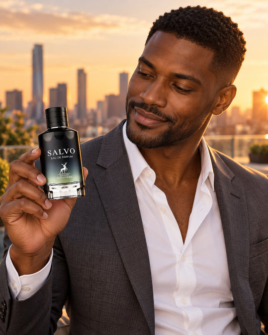 Salvo Men Eau de Parfum de Maison Alhambra – modelo con el perfume