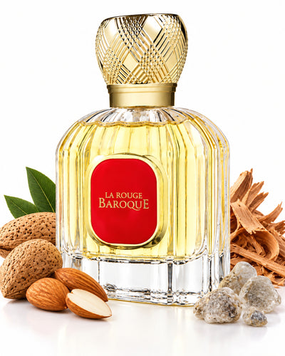La Rouge Baroque Eau de Parfum de Maison Alhambra – frasco con sus notas: almendra amarga, cedro, ámbar gris