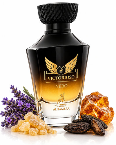 Victorioso Nero Eau de Parfum de Maison Alhambra – frasco con sus notas: olíbano, lavanda, haba tonka