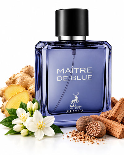 Maître de Blue Eau de Parfum de Maison Alhambra – frasco con sus notas: jengibre, jazmín, nuez moscada