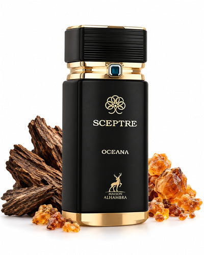 Sceptre Oceana Eau de Parfum de Maison Alhambra – frasco con sus notas: benjuí de Siam, oud