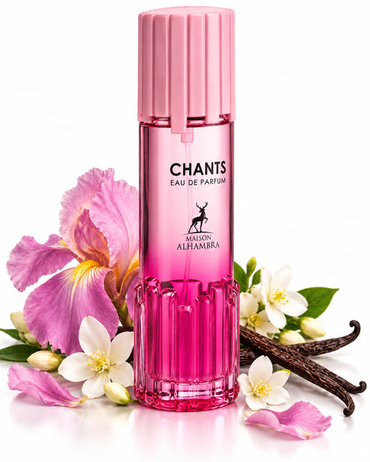 Chants Body Mist de Maison Alhambra – frasco con sus notas: iris, jazmín, rosa