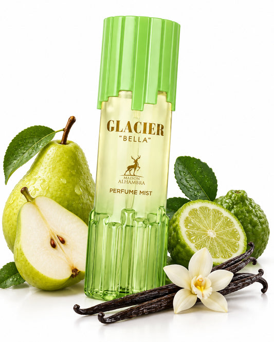 Glacier Body Mist de Maison Alhambra – frasco con sus notas: pera verde, vainilla