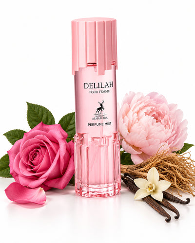 Delilah Body Mist de Maison Alhambra – frasco con sus notas: rosa turca, peonía, vainilla
