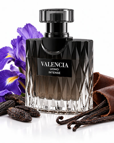 Valencia Uomo Intense Eau de Parfum de Milestone – frasco con sus notas: iris, haba tonka, cuero