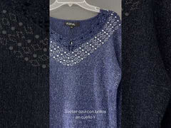 Suéter Cuello V, Tejido de Punto con Lurex y Brillos