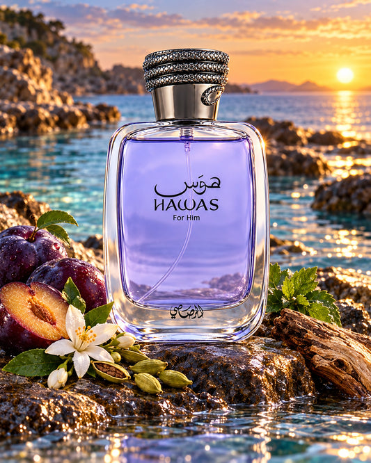 Hawas For Him Eau de Parfum de Rasasi – paisaje inspirado en sus notas