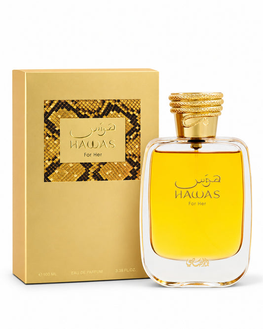 Hawas For Her Eau de Parfum de Rasasi – frasco con caja
