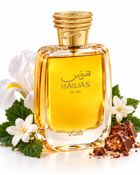 Hawas For Her Eau de Parfum de Rasasi – frasco con sus notas: iris, jazmín sambac, cítricos
