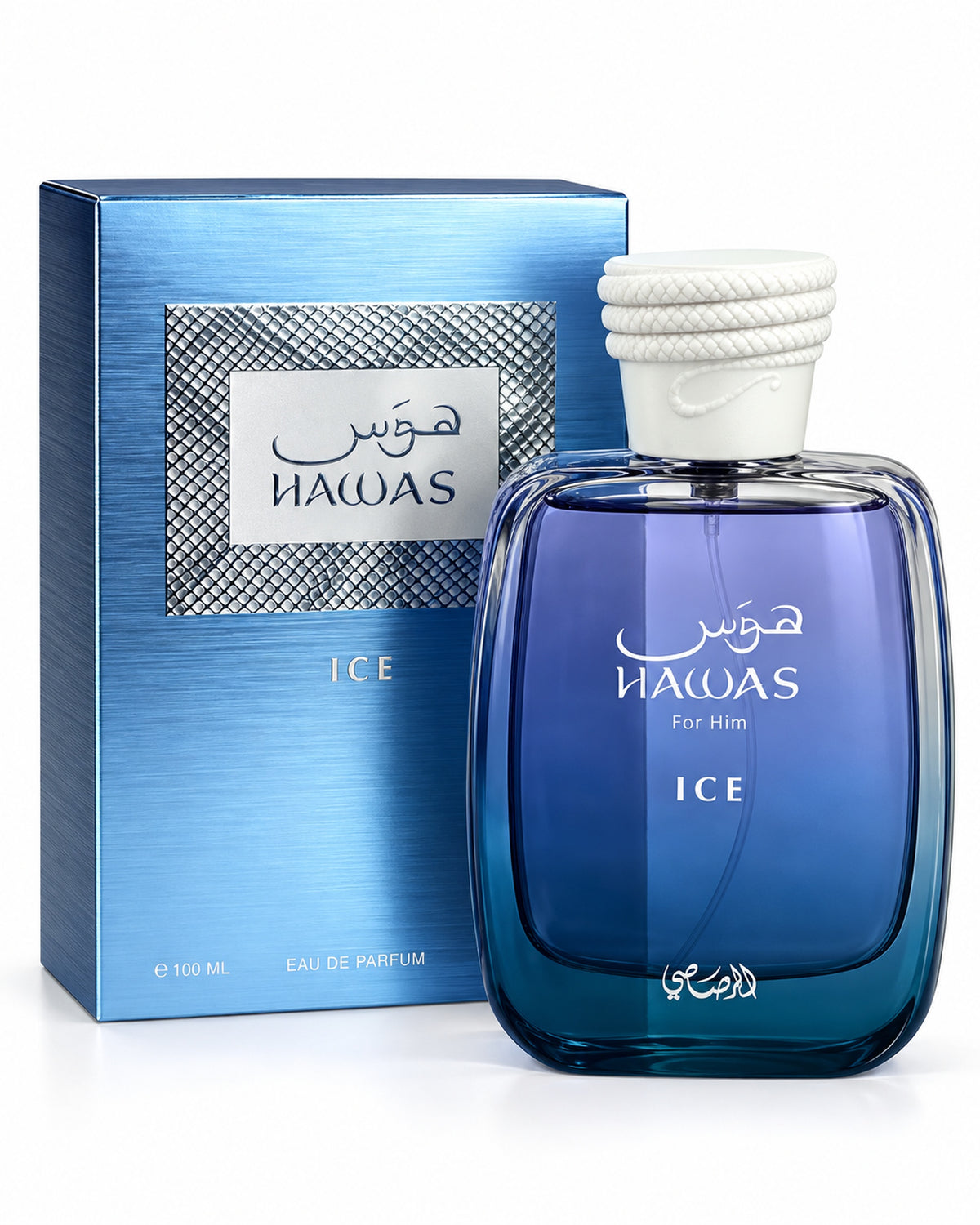 Hawas Ice Eau de Parfum de Rasasi – frasco con caja