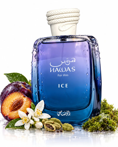 Hawas Ice Eau de Parfum de Rasasi – frasco con sus notas: ciruela, flor de azahar, cardamomo