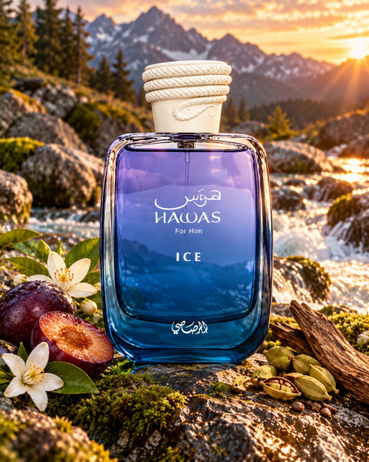 Hawas Ice Eau de Parfum de Rasasi – paisaje inspirado en sus notas