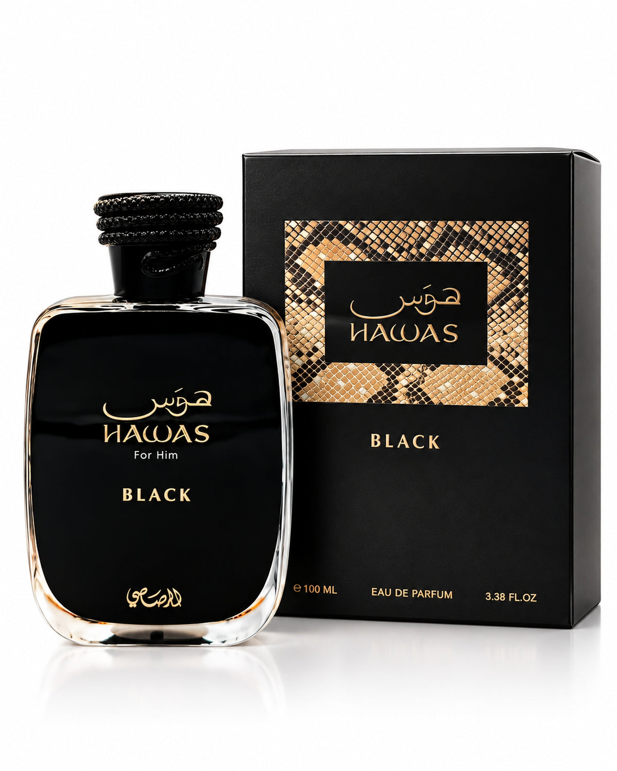 Hawas Black Eau de Parfum de Rasasi – frasco con caja